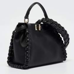 Pre Owned Fendi Black Leather Mini Whipstitched Peekaboo Top Handle Bag