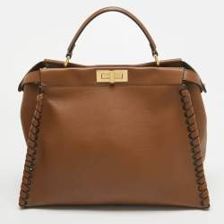 Fendi Brown Leather Large Whipstitch Peekaboo Top Handle Bag