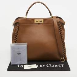 Fendi Brown Leather Large Whipstitch Peekaboo Top Handle Bag