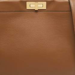 Fendi Brown Leather Large Whipstitch Peekaboo Top Handle Bag