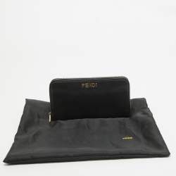 Fendi Black Leather Logo Zip Around Continental Wallet