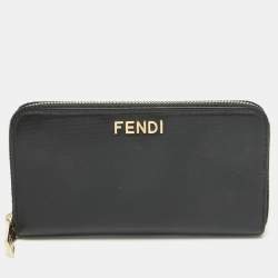 Fendi Black Leather Logo Zip Around Continental Wallet