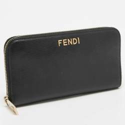 Fendi Black Leather Logo Zip Around Continental Wallet