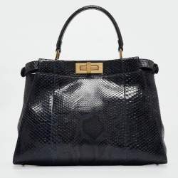 Pre Owned Fendi Blue Shine Python Regular Peekaboo Top Handle Bag