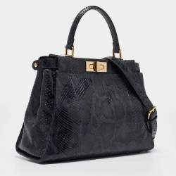 Pre Owned Fendi Blue Shine Python Regular Peekaboo Top Handle Bag