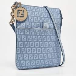 Pre Owned Fendi Light Blue Zucchino Canvas and Leather Crossbody Bag