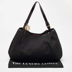 Fendi Black Zucchino Canvas and Patent Leather Hobo