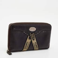 Pre Owned Fendi Black Sellieria Leather Logo Zip Around Continental Wallet