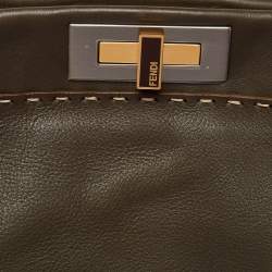 Pre Owned Fendi Dark Green/Bronze Selleria Leather Large Peekaboo Top Handle Bag