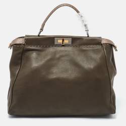 Pre Owned Fendi Dark Green/Bronze Selleria Leather Large Peekaboo Top Handle Bag