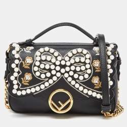 Fendi Black Leather Micro Pearl Bow Double Baguette Bag