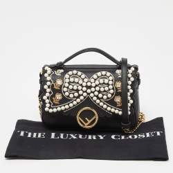 Fendi Black Leather Micro Pearl Bow Double Baguette Bag