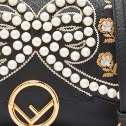 Fendi Black Leather Micro Pearl Bow Double Baguette Bag