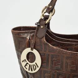 Pre Owned Fendi Dark Brown Zucca Tortoise Effect Leather Tote