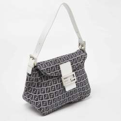 Pre Owned Fendi Navy Blue/White Zucchino Fabric and Leather FF Double Flap Bag