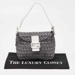 Pre Owned Fendi Navy Blue/White Zucchino Fabric and Leather FF Double Flap Bag
