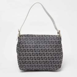 Pre Owned Fendi Navy Blue/White Zucchino Fabric and Leather FF Double Flap Bag
