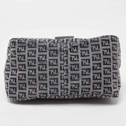Pre Owned Fendi Navy Blue/White Zucchino Fabric and Leather FF Double Flap Bag