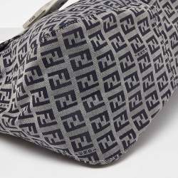 Pre Owned Fendi Navy Blue/White Zucchino Fabric and Leather FF Double Flap Bag