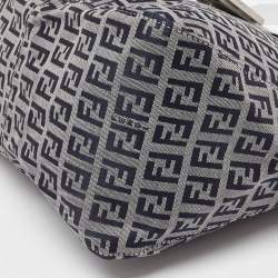 Pre Owned Fendi Navy Blue/White Zucchino Fabric and Leather FF Double Flap Bag