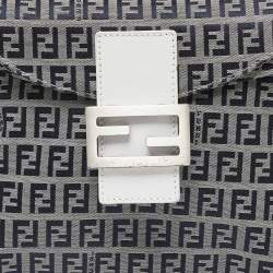 Pre Owned Fendi Navy Blue/White Zucchino Fabric and Leather FF Double Flap Bag