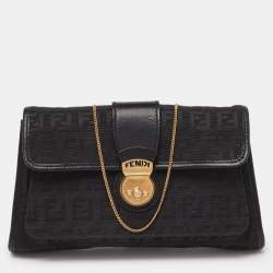 Pre Owned Fendi Black Zucchino Canvas and Leather Wallet on Chain 