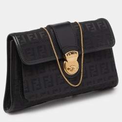 Pre Owned Fendi Black Zucchino Canvas and Leather Wallet on Chain 