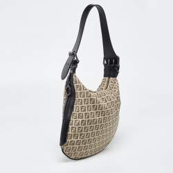 Fendi Beige/Black Zucchino Canvas and Leather Oyster Hobo