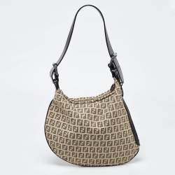 Fendi Beige/Black Zucchino Canvas and Leather Oyster Hobo