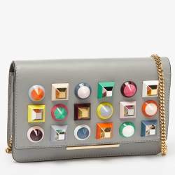 Pre Owned Fendi Grey Leather Rainbow Stud Tube Wallet On Chain