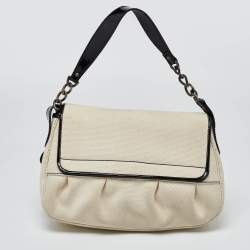 Pre Owned Fendi Cream/Black Canvas and Patent Leather B Shoulder Bag
