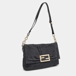 Pre Owned Fendi Black Zucca Canvas and Patent Leather Mia Flap Bag