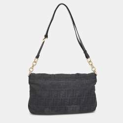 Pre Owned Fendi Black Zucca Canvas and Patent Leather Mia Flap Bag