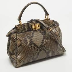 Pre Owned Fendi Olive Green Python Mini Peekaboo Top Handle Bag