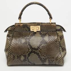 Pre Owned Fendi Olive Green Python Mini Peekaboo Top Handle Bag