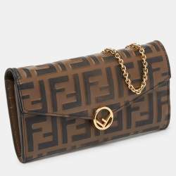 Pre Owned Fendi Tobacco Zucca Embossed Leather Flap Wallet on Chain