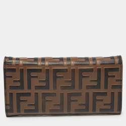 Pre Owned Fendi Tobacco Zucca Embossed Leather Flap Wallet on Chain