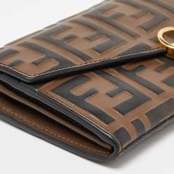 Pre Owned Fendi Tobacco Zucca Embossed Leather Flap Wallet on Chain