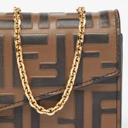 Pre Owned Fendi Tobacco Zucca Embossed Leather Flap Wallet on Chain