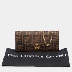 Pre Owned Fendi Tobacco Zucca Embossed Leather Flap Wallet on Chain
