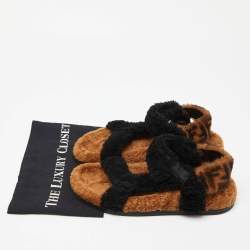 Fendi Brown/Black Shearling Fur Ankle Strap Flat Sandals Size 38