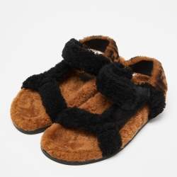 Fendi Brown/Black Shearling Fur Ankle Strap Flat Sandals Size 38