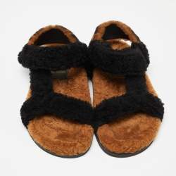 Fendi Brown/Black Shearling Fur Ankle Strap Flat Sandals Size 38