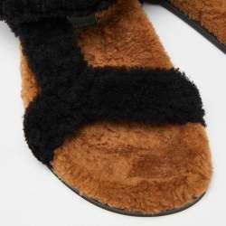 Fendi Brown/Black Shearling Fur Ankle Strap Flat Sandals Size 38