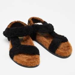 Fendi Brown/Black Shearling Fur Ankle Strap Flat Sandals Size 38