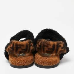 Fendi Brown/Black Shearling Fur Ankle Strap Flat Sandals Size 38