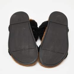 Fendi Brown/Black Shearling Fur Ankle Strap Flat Sandals Size 38
