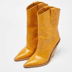 مملوكة مسبقًا Fendi Yellow Croc Embossed Leather Cowboy Mid Calf Boots Size 39