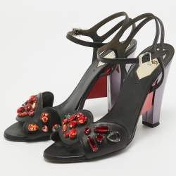 Fendi Black Leather Ankle Strap Crystal Embellished Ankle Strap Sandals Size 38 