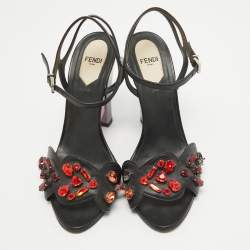 Fendi Black Leather Ankle Strap Crystal Embellished Ankle Strap Sandals Size 38 